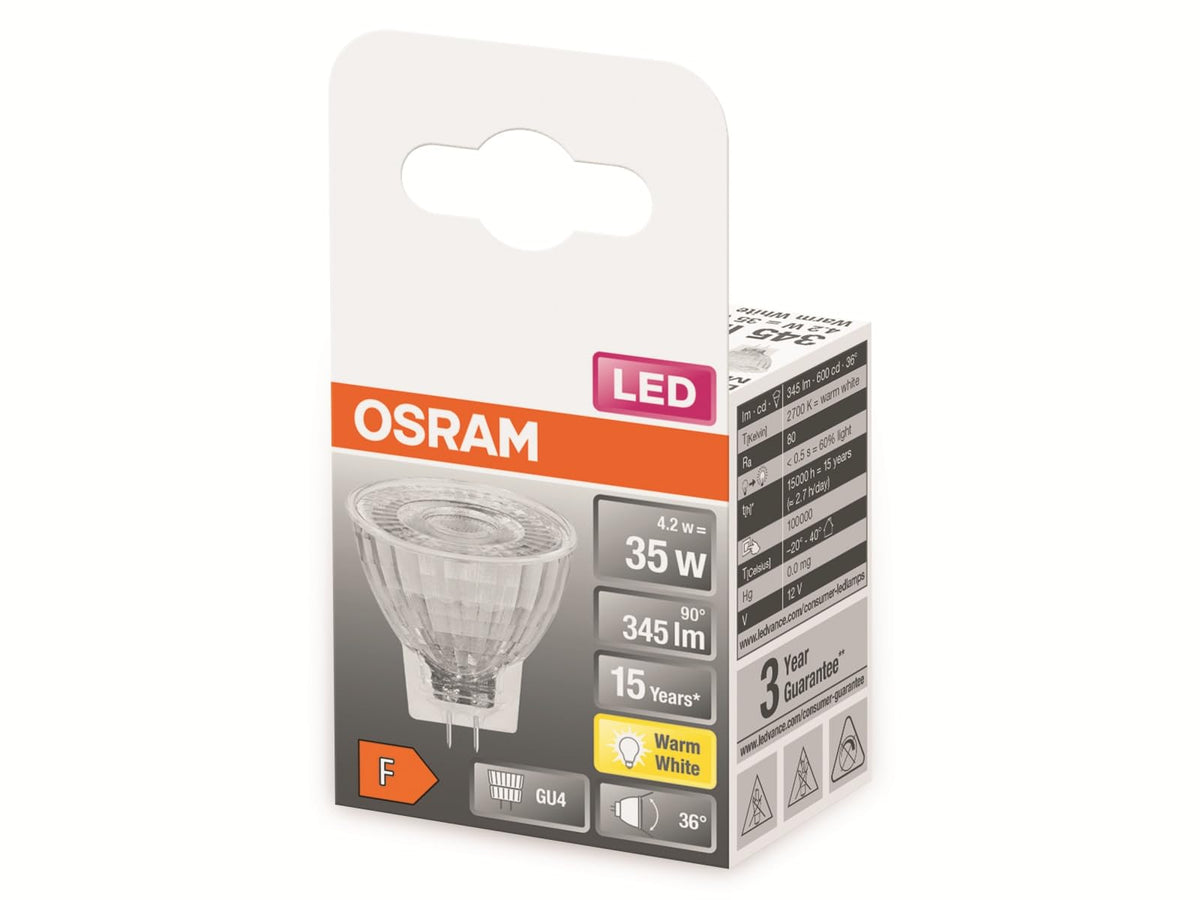 Resigilat|OSRAM LED STAR MR11 reflector LED GU4, 2700K alb cald, 4,2W, 12V, echivalent 35W, spot din sticla