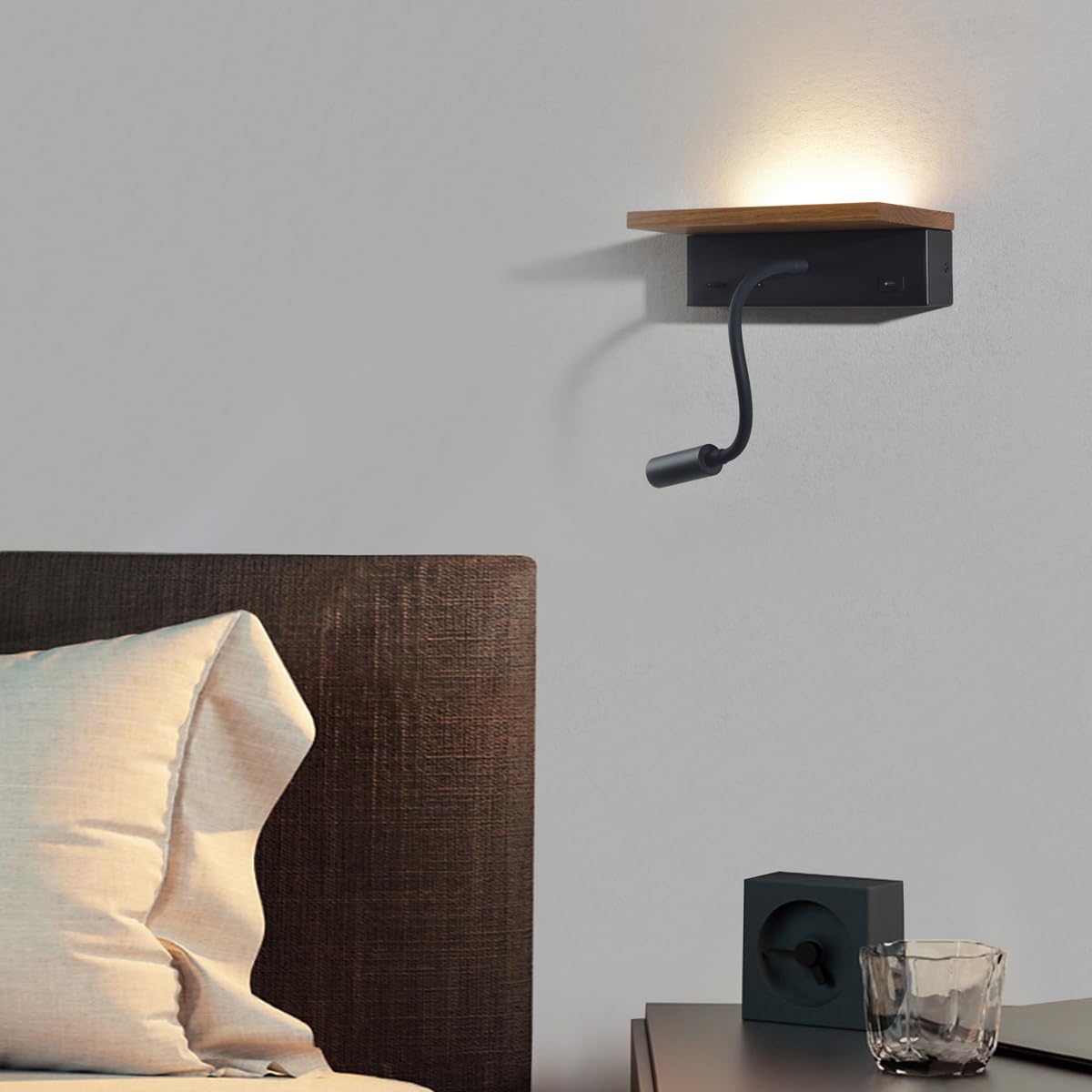 Resigilat|Lampa de perete pentru dormitor, lemn/negru, LED 3W, 3000K, cu USB si Type-C, intrerupator si brat flexibil, pentru citit