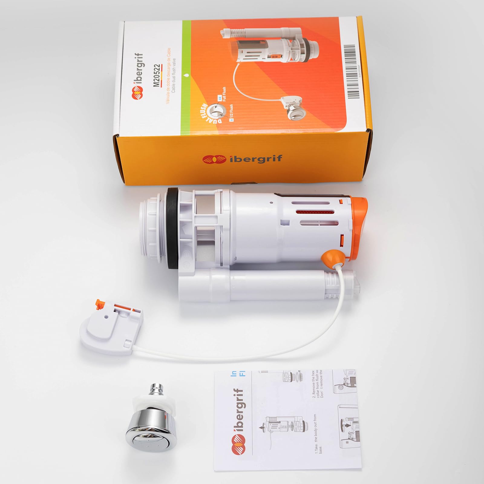 Ibergrif M20522 Toilet Dual Flush Valve with Button, Suitable for 2 Inch (Φ59-61MM) Toilet Flush System Replacement Adjustable, White