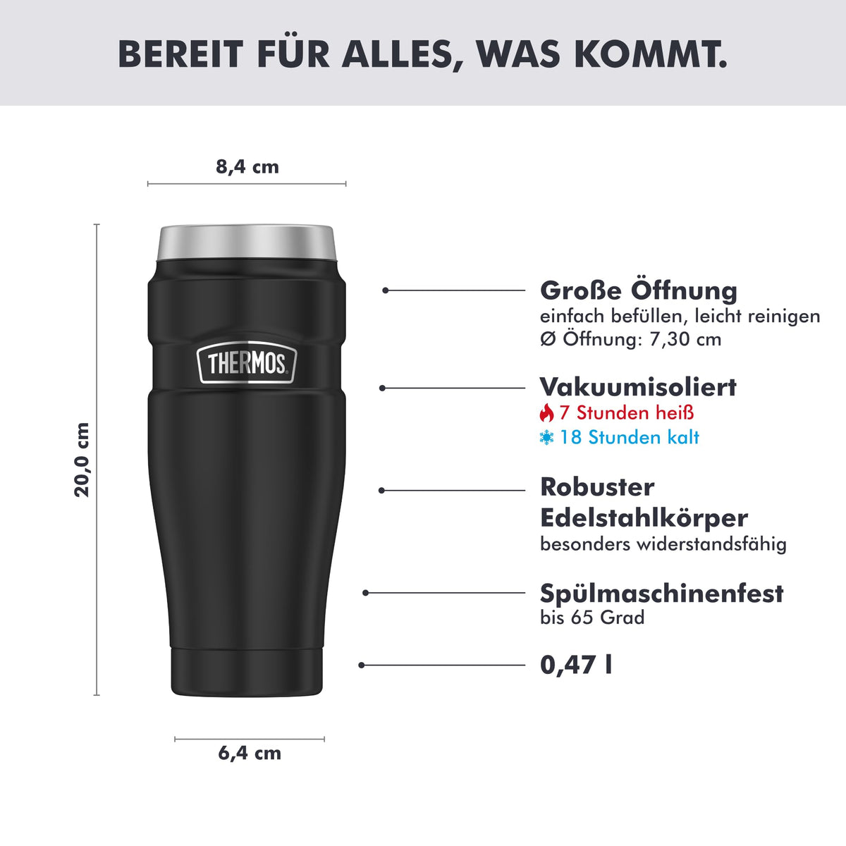 Resigilat|THERMOS STAINLESS KING cana termos din inox, 0,47 L, mentine bauturile calde pana la 7 h, negru mat