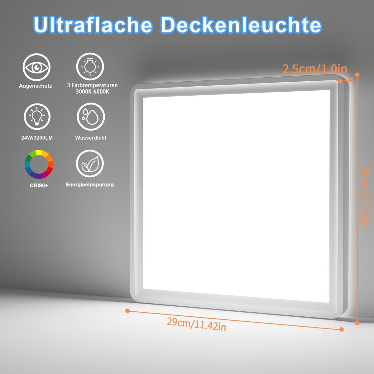 Resigilat|Seruno X lampa LED de tavan 24W, 3200lm, 3000K/4000K/6000K, IP54, ultra-subtire, patrata, Ø29cm, pentru baie si interior
