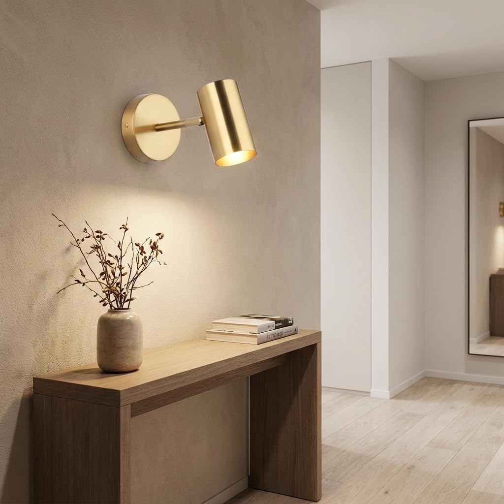 BARCELONA lampa de perete LED aurie din metal, moderna si industriala, stil vintage minimalist, orientabila, pentru baie, oglinda si tavan