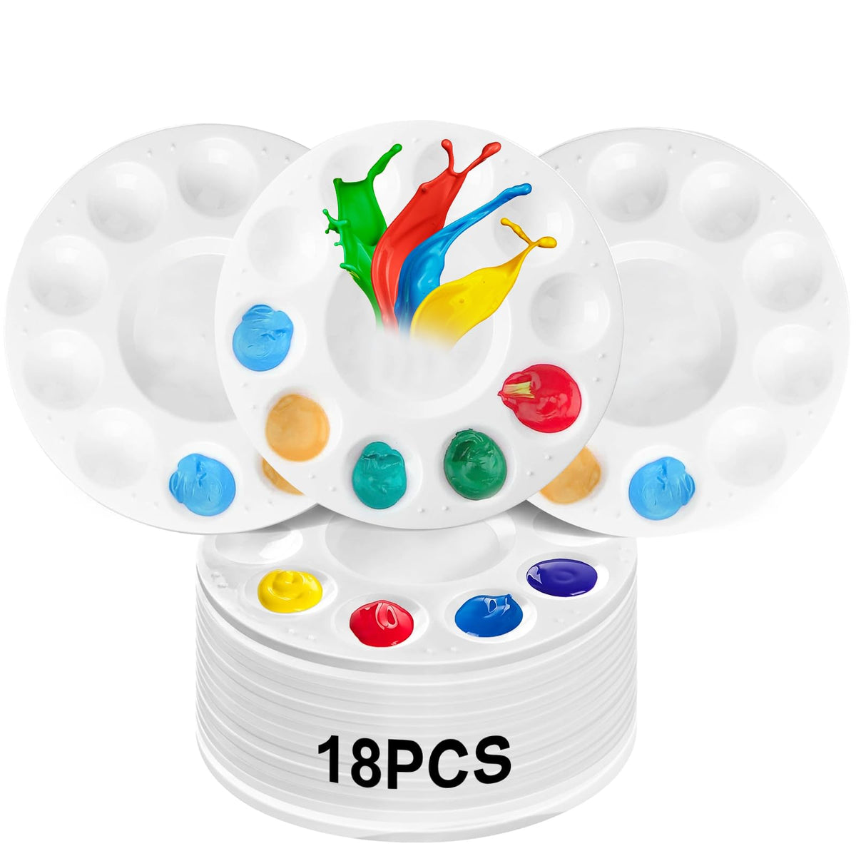 Resigilat|Set 18 Palete de Amestecare din Plastic, Rotunde 15,8 cm, cu 11 Compartimente, pentru Acuarele, Acrilice si Vopsele Ulei