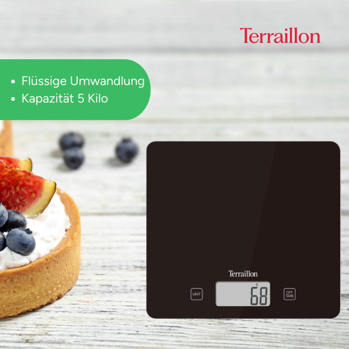 Resigilat|TERRAILLON T1040 Classic Black, cantar electronic de bucatarie, platan din sticla, 5 kg, precizie 1 g, functie TARE, negru