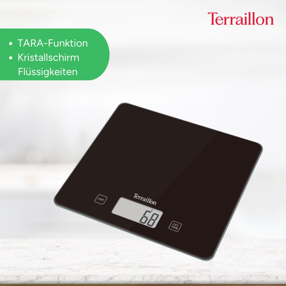 Resigilat|TERRAILLON T1040 Classic Black, cantar electronic de bucatarie, platan din sticla, 5 kg, precizie 1 g, functie TARE, negru