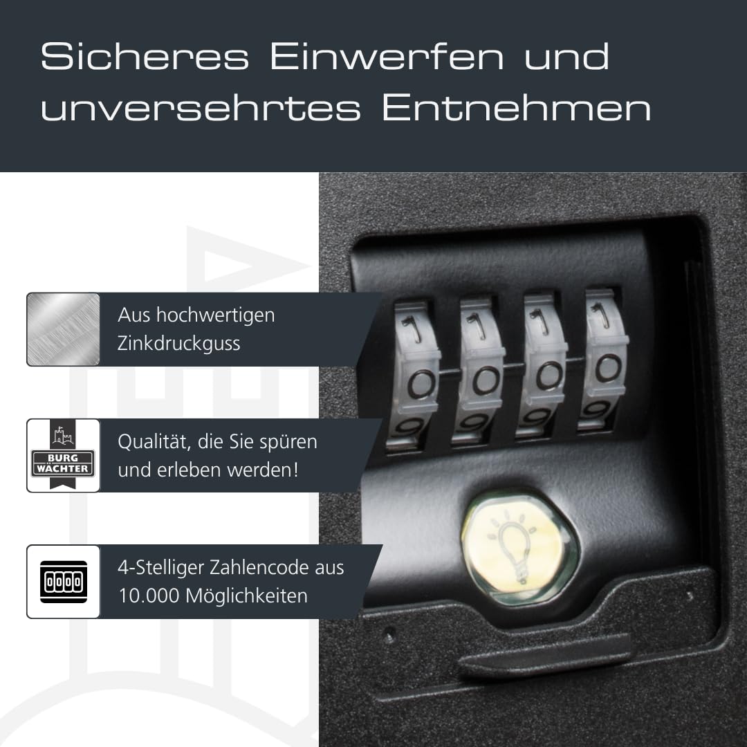 |Resigilat| Burg-Wächter Key Safe 60 L SB seif chei cu cod 4 cifre, închidere magnetică, iluminat, pentru interior/exterior, montare perete, negru