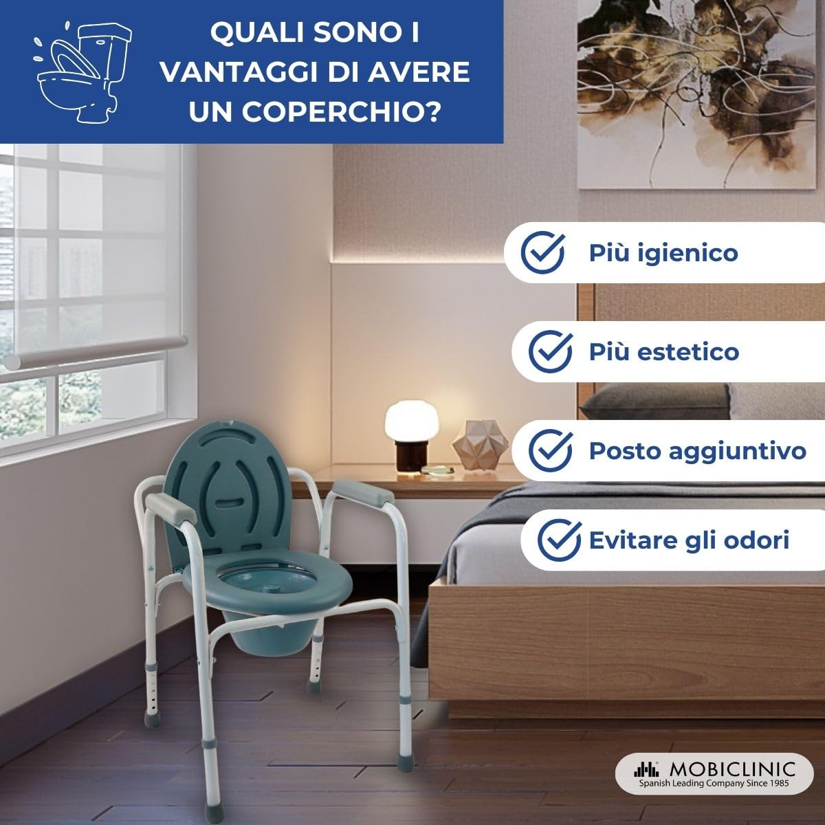 Mobiclinic®, Sedia con WC, Arroyo, Coperchio, Secchio Estraibile, Regolabile in 5 Altezze, Piedini Antiscivolo, Braccioli, Supporta Fino a 100 kg, Acciaio