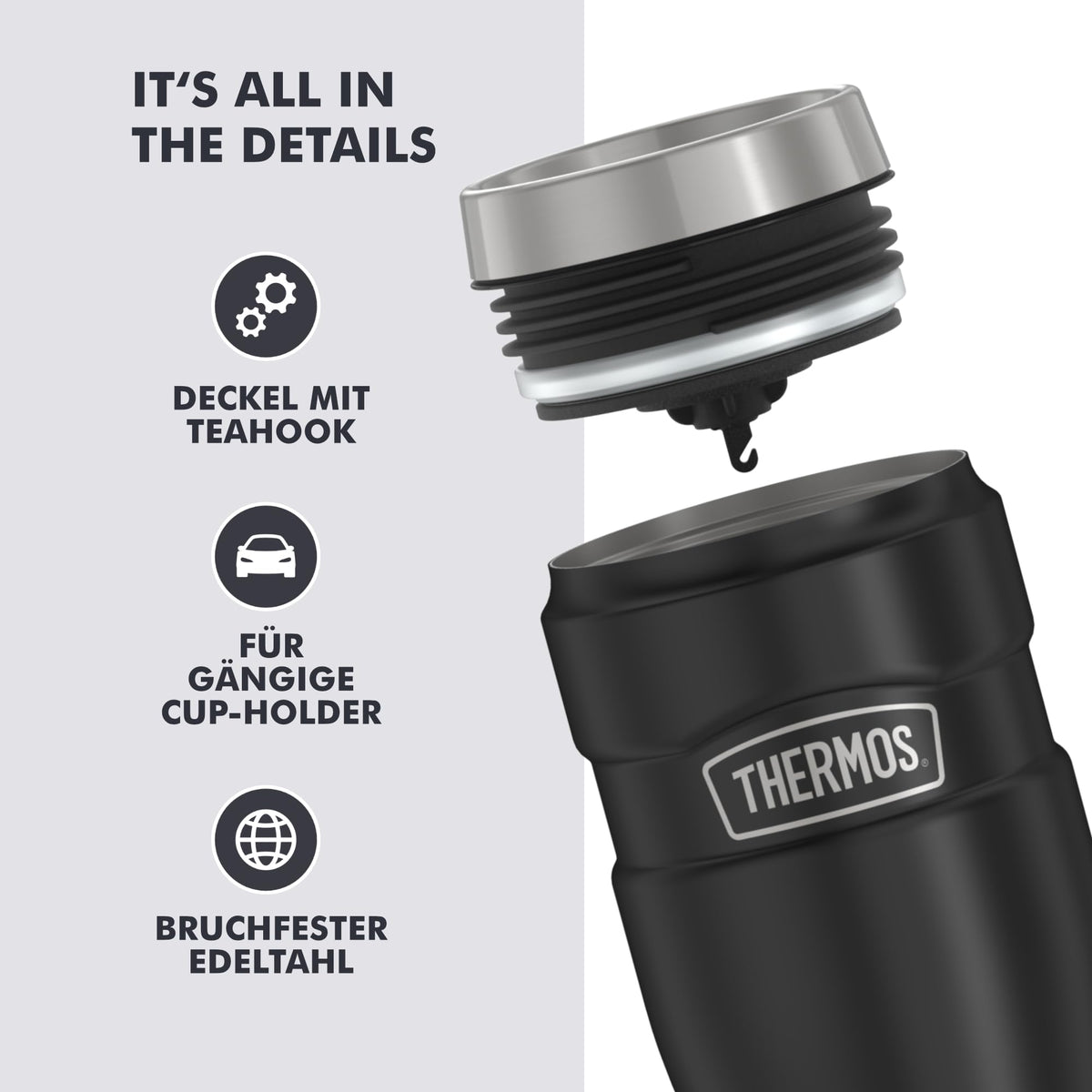 Resigilat|THERMOS STAINLESS KING cana termos din inox, 0,47 L, mentine bauturile calde pana la 7 h, negru mat