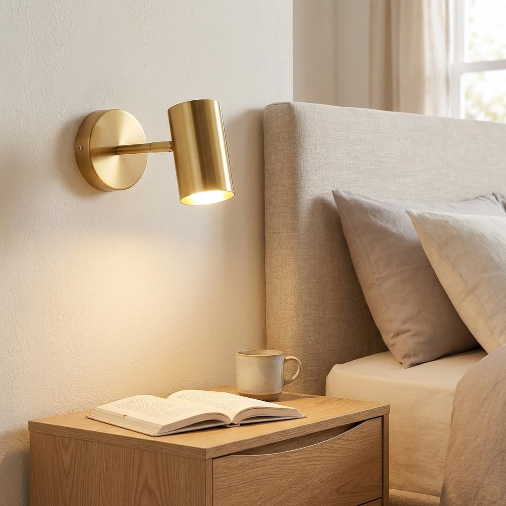 BARCELONA lampa de perete LED aurie din metal, moderna si industriala, stil vintage minimalist, orientabila, pentru baie, oglinda si tavan