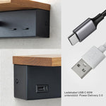 Resigilat|Lampa de perete pentru dormitor, lemn/negru, LED 3W, 3000K, cu USB si Type-C, intrerupator si brat flexibil, pentru citit