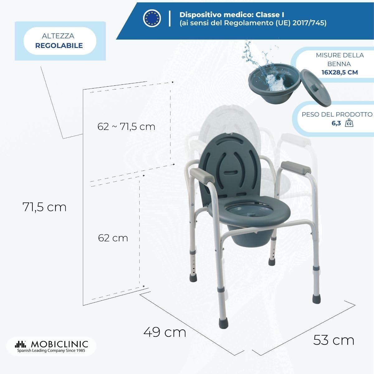 Mobiclinic®, Sedia con WC, Arroyo, Coperchio, Secchio Estraibile, Regolabile in 5 Altezze, Piedini Antiscivolo, Braccioli, Supporta Fino a 100 kg, Acciaio