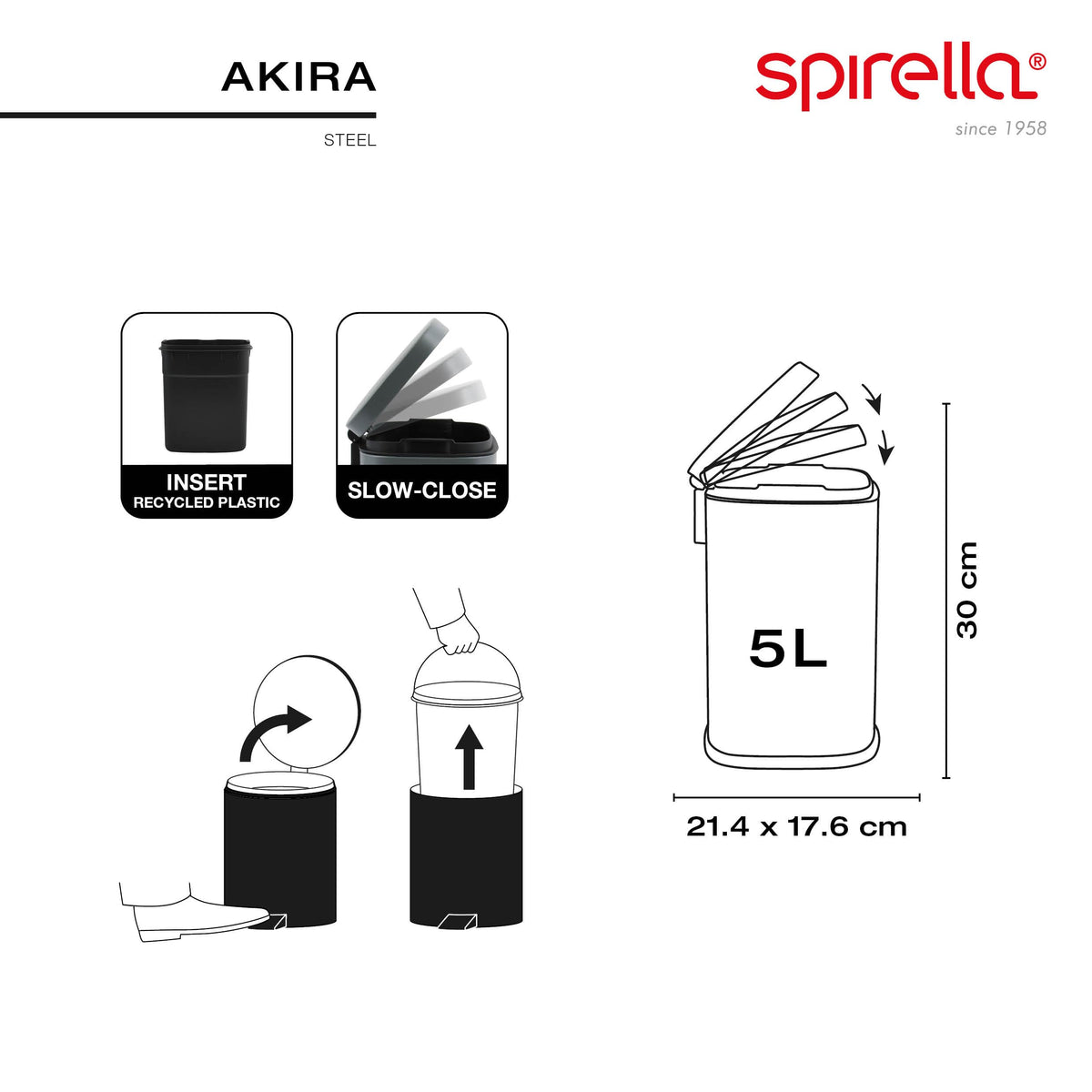 Resigilat|Cos de gunoi baie Spirella AKIRA, inox, inchidere silentioasa, roz mat, 5 L