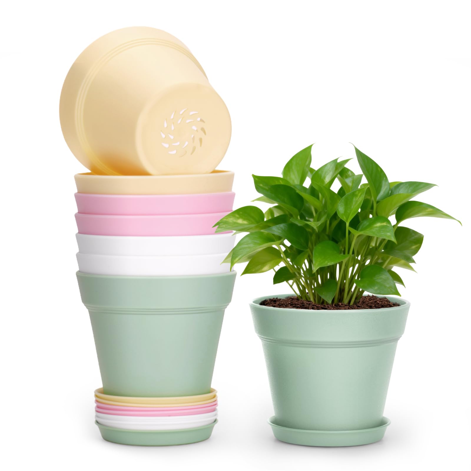 Resigilat|KINGLAKE Ghivece 10 cm cu Farfurioare - Set 8 Bucati, Ghivece Plastic pentru Plante, Cactusi si Ierburi, Multicolor