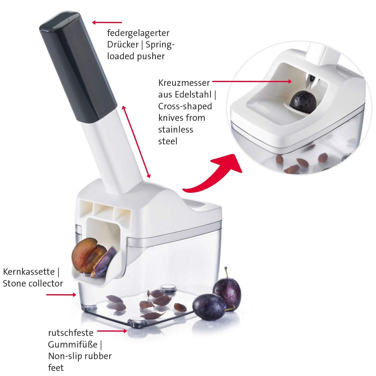 Resigilat|Westmark aparat pentru scos samburii din prune, cu recipient de colectare, 33,7 cm, inox si plastic, Steinfix