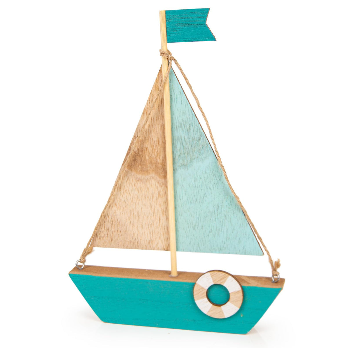 Resigilat|Decoratiune barca cu panze din lemn, 15 x 4 x 21 cm, decor maritim pentru baie si living, cu colac de salvare