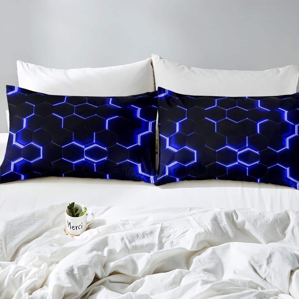 Resigilat|Homemissing lenjerie de pat cu model fagure geometric, albastru si negru, 140 x 200 cm, pentru copii si adolescenti, 1 fata de perna