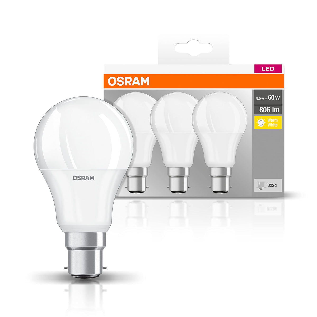 Resigilat|OSRAM LED Base Classic A, B22d, nedimabil, inlocuieste 60W, mat, alb cald 2700K, set 3 bucati