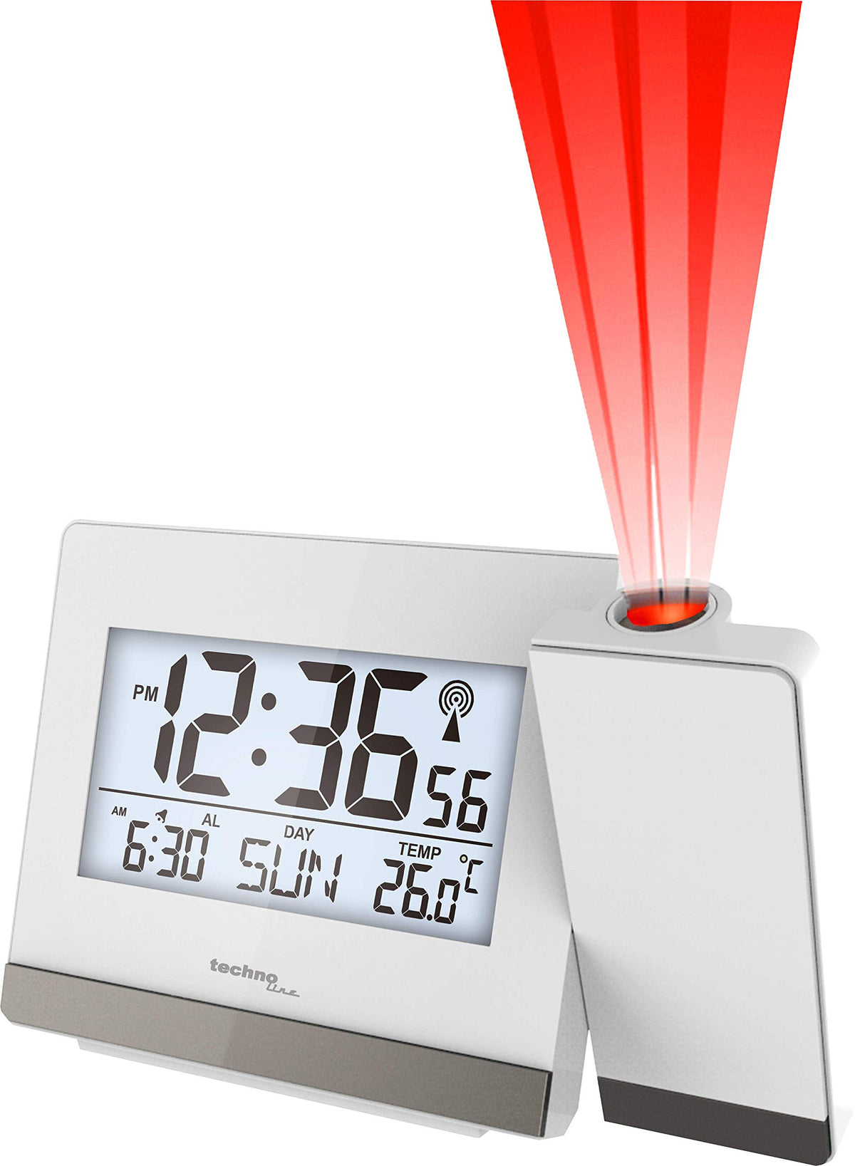 Resigilat|Technoline WT 538 Ceas cu Alarma si Proiectie, Radio DCF77, Temperatura, Snooze, Calendar, Ziua Saptamanii, Iluminare, Alb