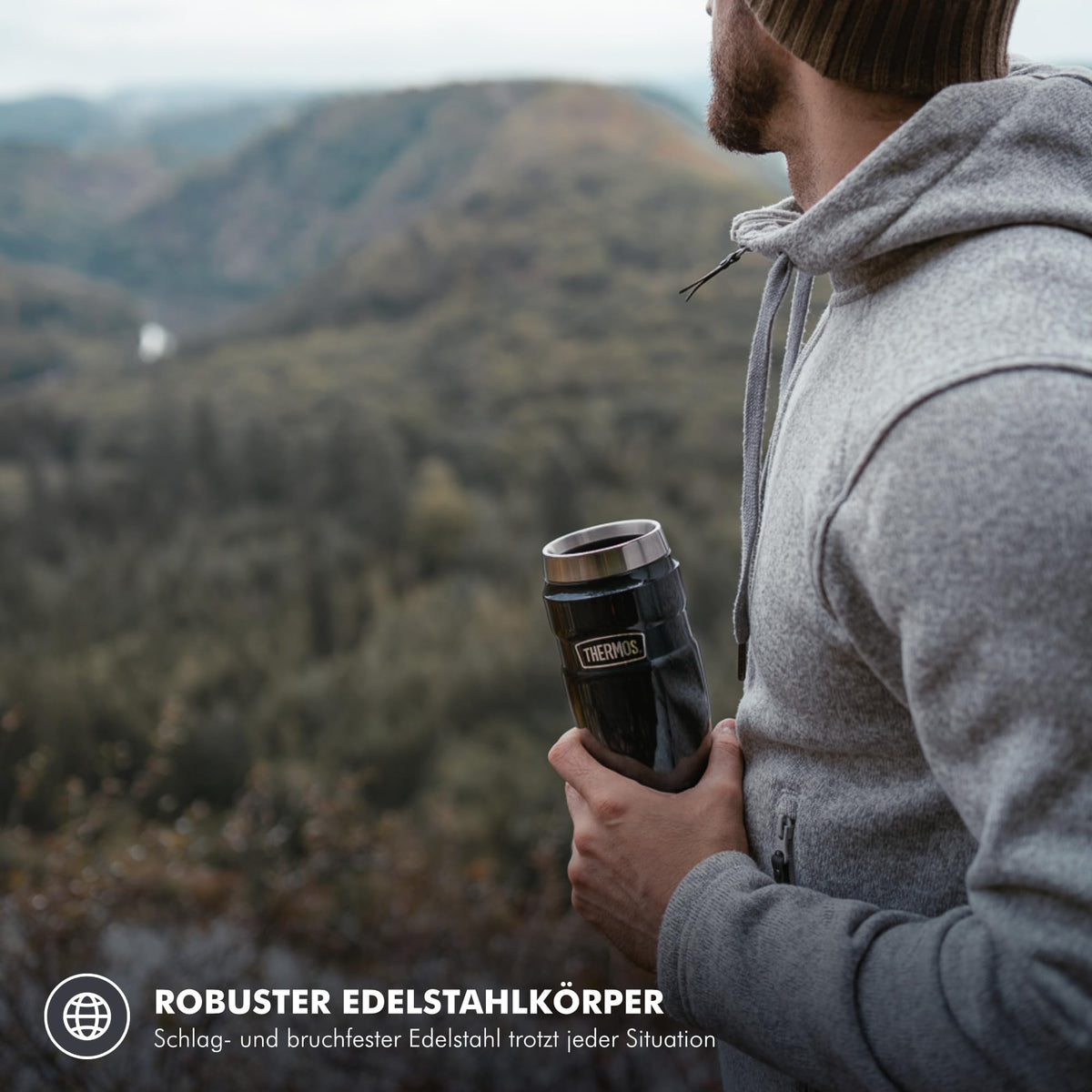 Resigilat|THERMOS STAINLESS KING cana termos din inox, 0,47 L, mentine bauturile calde pana la 7 h, negru mat