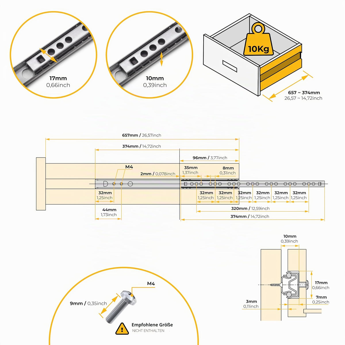 |Resigilat|Emuca 3009205 5 seturi (10 bucăți) de ghidaje pentru sertare, cu deschidere parțială și role, 17 mm x 374 mm