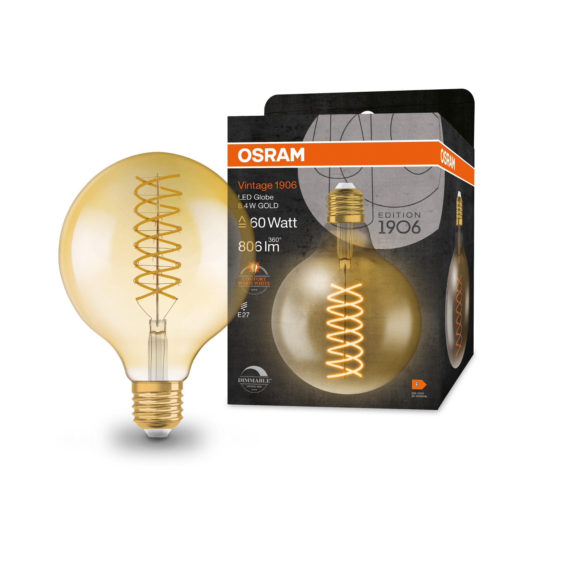 Resigilat|Osram Vintage 1906 Classic GLOBE125 FIL LED E27, dimmabil, auriu, 8,4W, 806lm, 2400K, lumina alb cald