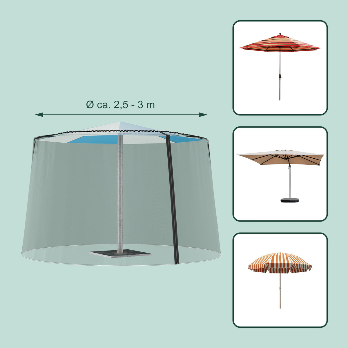 Resigilat|Relaxdays plasa anti-insecte pentru umbrela de soare, 250-300 cm, usa cu fermoar, protectie impotriva insectelor, poliester, neagra