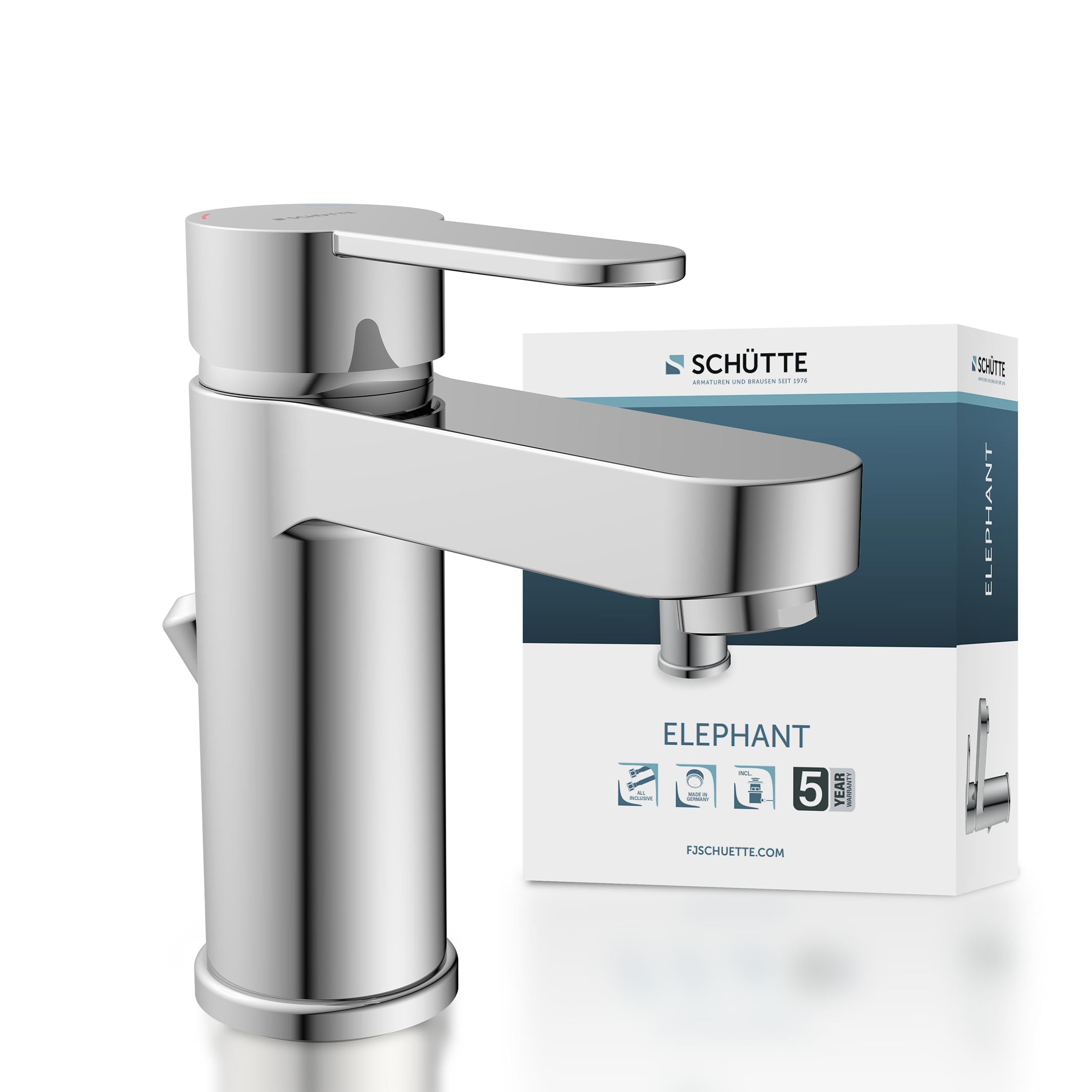 Schütte ELEPHANT Waschtischarmatur, elegante Mischbatterie inkl. Ablaufventil fürs Badezimmer, Wasserhahn Bad mit Exzenter-Gestänge, Badarmatur Waschbecken chrom, 34210