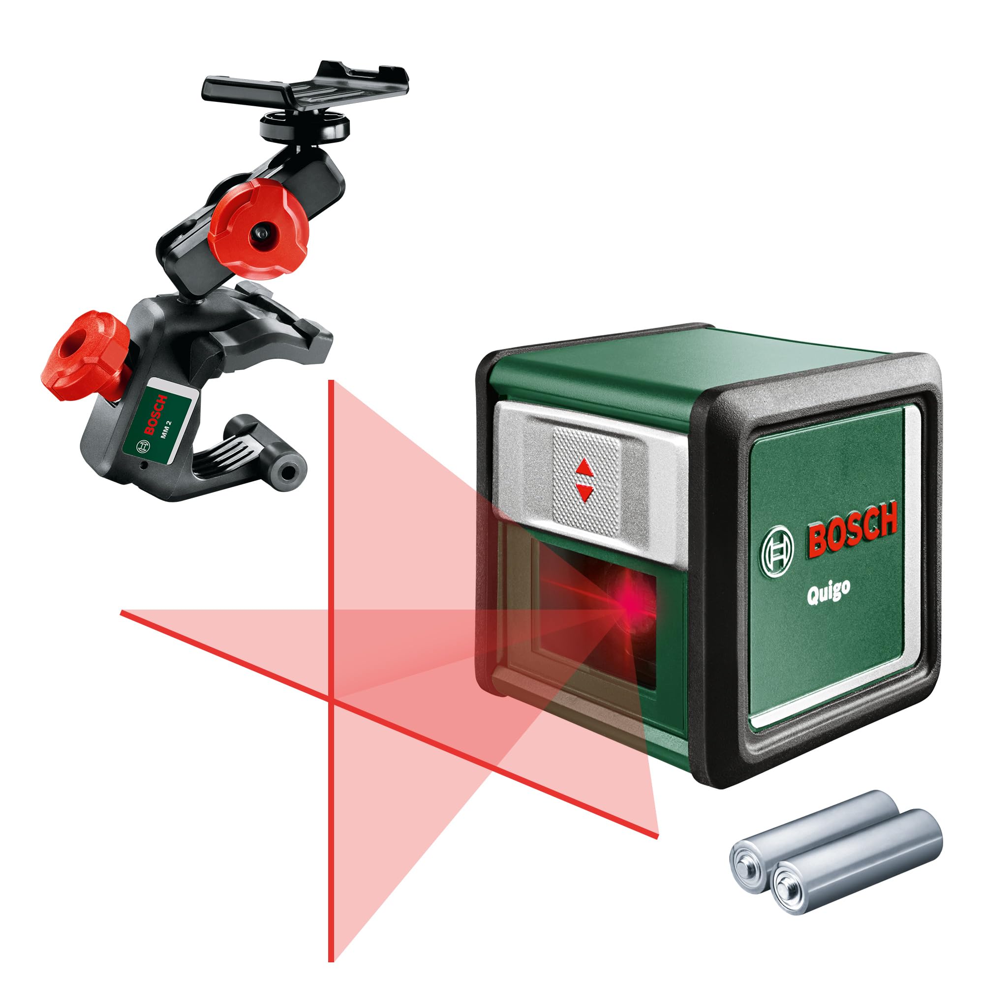 Bosch cross line laser Quigo with universal clamp MM 2 (easy and precise alignment with flexible positioning of the tool thanks to the universal clamp)