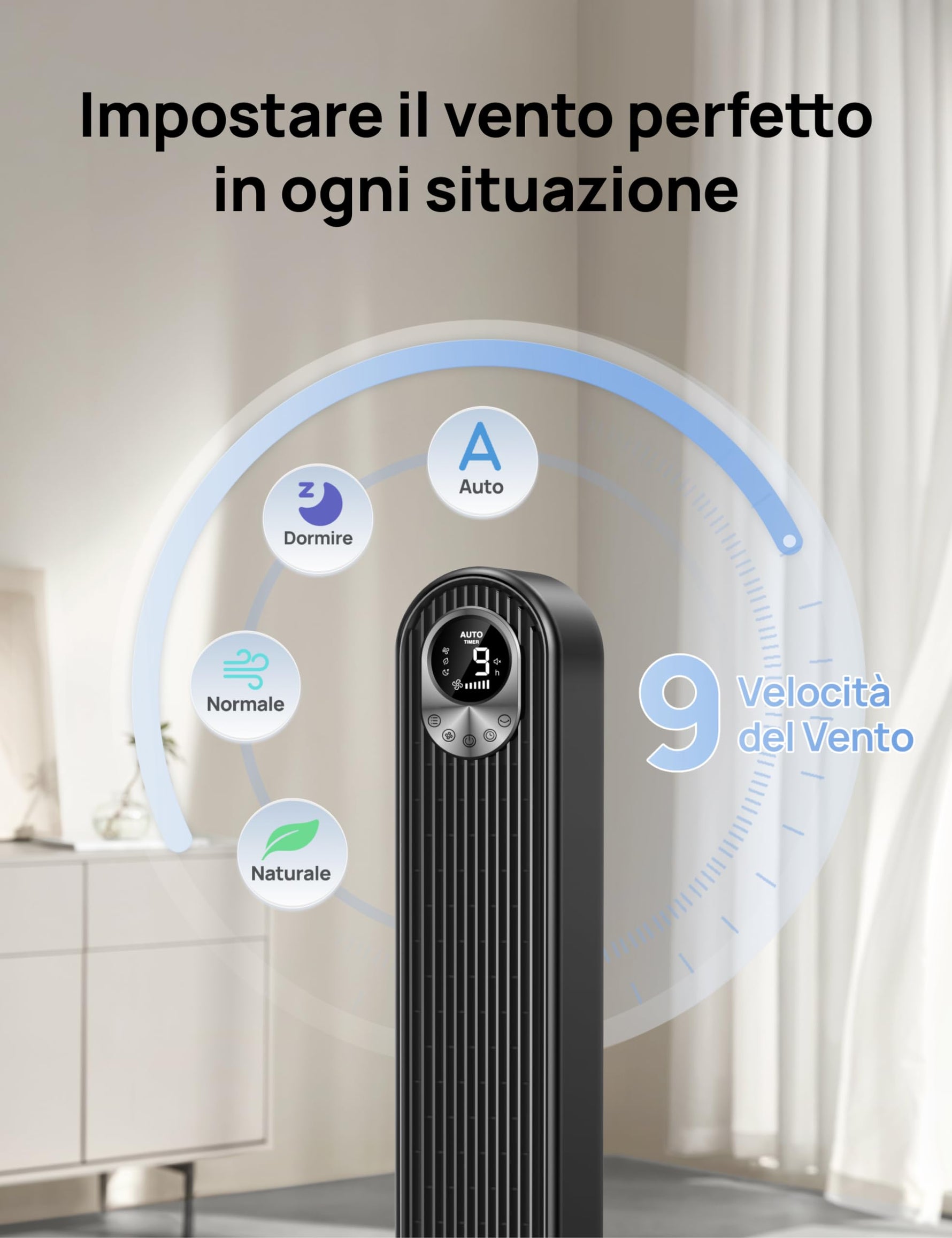 DREO Ventilatore a Torre 106cm, Potente 8.53 m/s, Ventilatori a Colonna Silenzioso con Telecomando, 9 Velocità, 4 Modalità, Oscillazione a 90°, Timer da 12H, per Camera da Letto, Stanze Grandi