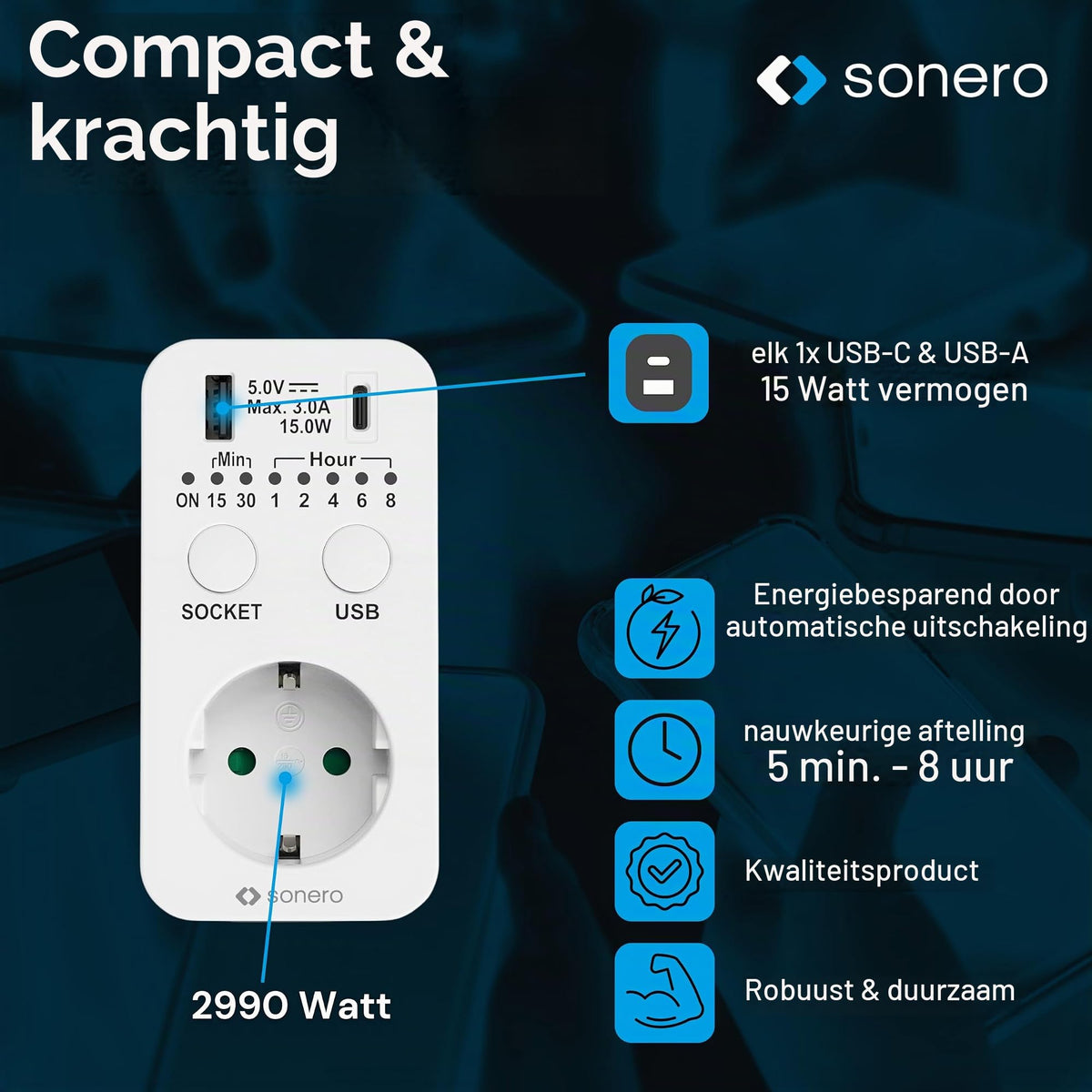 Resigilat|Sonero priza cu temporizator si functie countdown, 230 V, USB si USB-C, programabila, alba