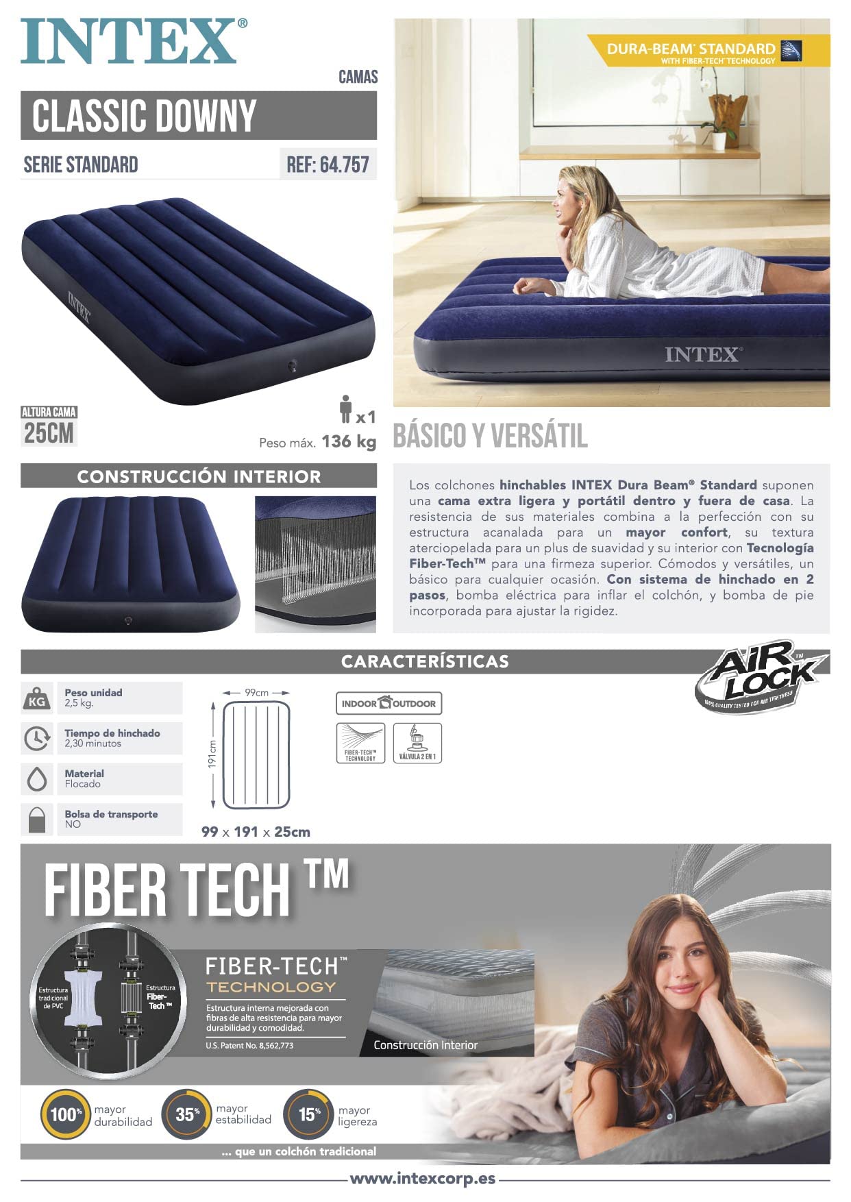 Intex 64757 Classic Downy Blue Dura-Beam Serie Twin Luftbett, Blau, 191 x 99 x 25 cm (L x B x H)