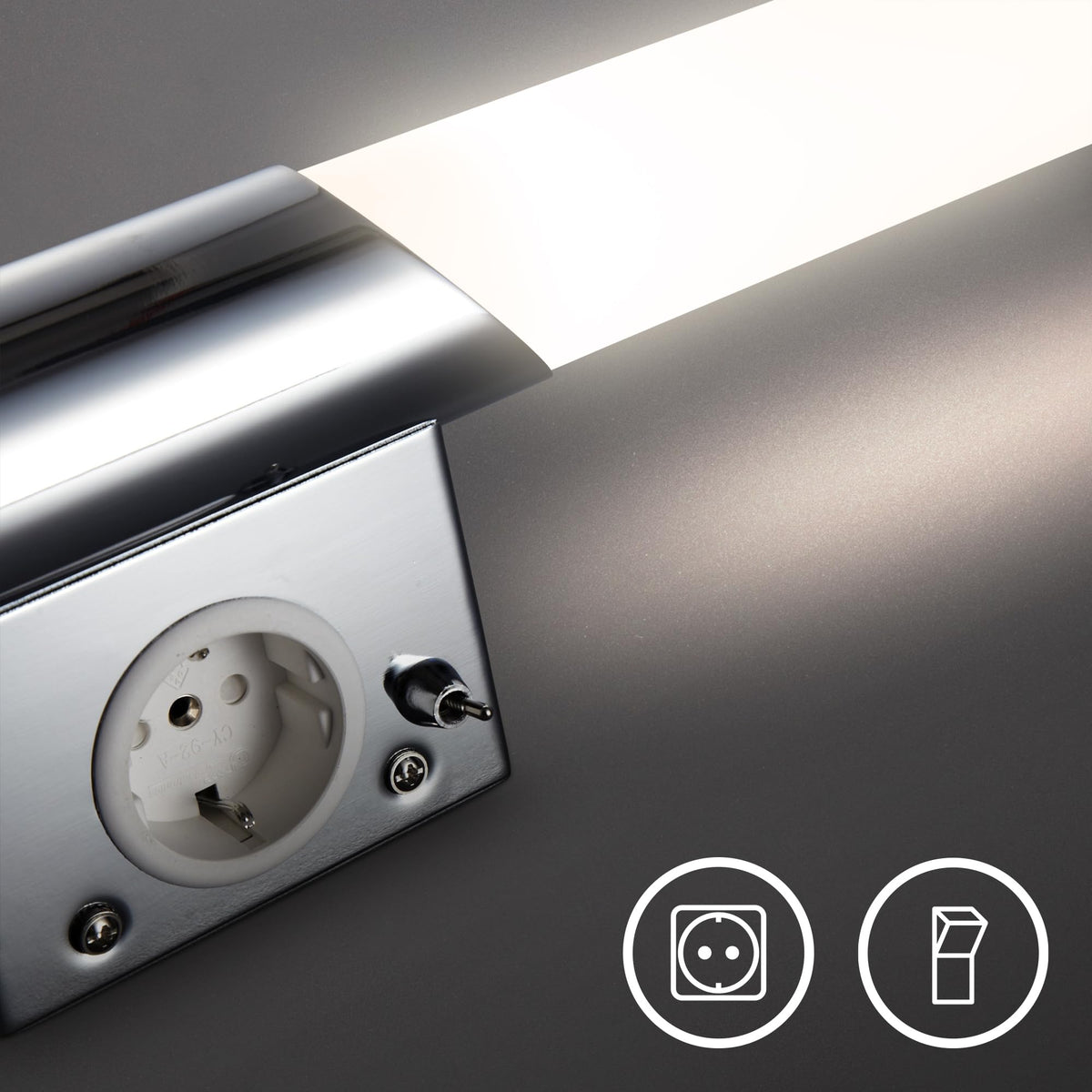 Resigilat|B.K.Licht lampa pentru oglinda baie cu priza, lumina alb cald, intrerupator, crom, 44,5 x 6 x 11 cm