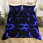 Resigilat|Homemissing lenjerie de pat cu model fagure geometric, albastru si negru, 140 x 200 cm, pentru copii si adolescenti, 1 fata de perna