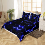 Resigilat|Homemissing lenjerie de pat cu model fagure geometric, albastru si negru, 140 x 200 cm, pentru copii si adolescenti, 1 fata de perna