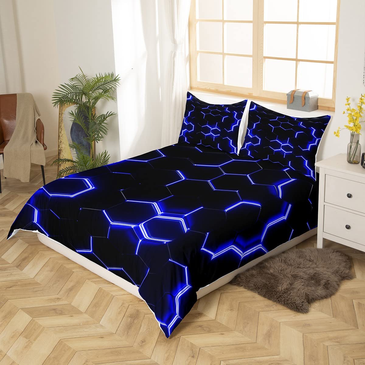 Resigilat|Homemissing lenjerie de pat cu model fagure geometric, albastru si negru, 140 x 200 cm, pentru copii si adolescenti, 1 fata de perna