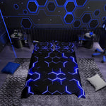 Resigilat|Homemissing lenjerie de pat cu model fagure geometric, albastru si negru, 140 x 200 cm, pentru copii si adolescenti, 1 fata de perna