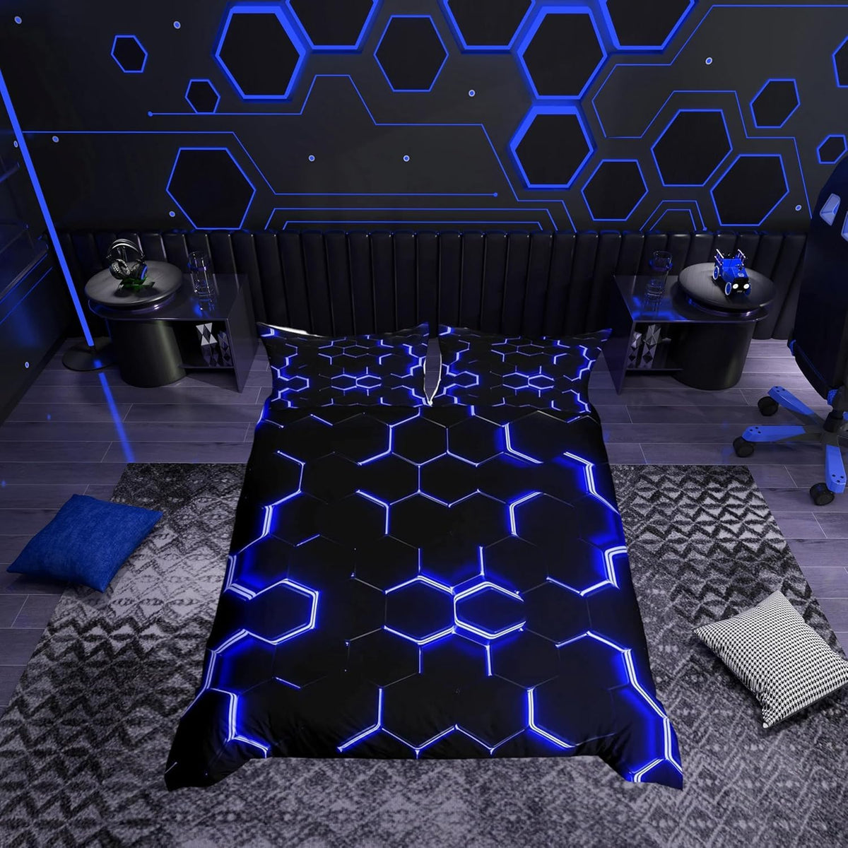 Resigilat|Homemissing lenjerie de pat cu model fagure geometric, albastru si negru, 140 x 200 cm, pentru copii si adolescenti, 1 fata de perna