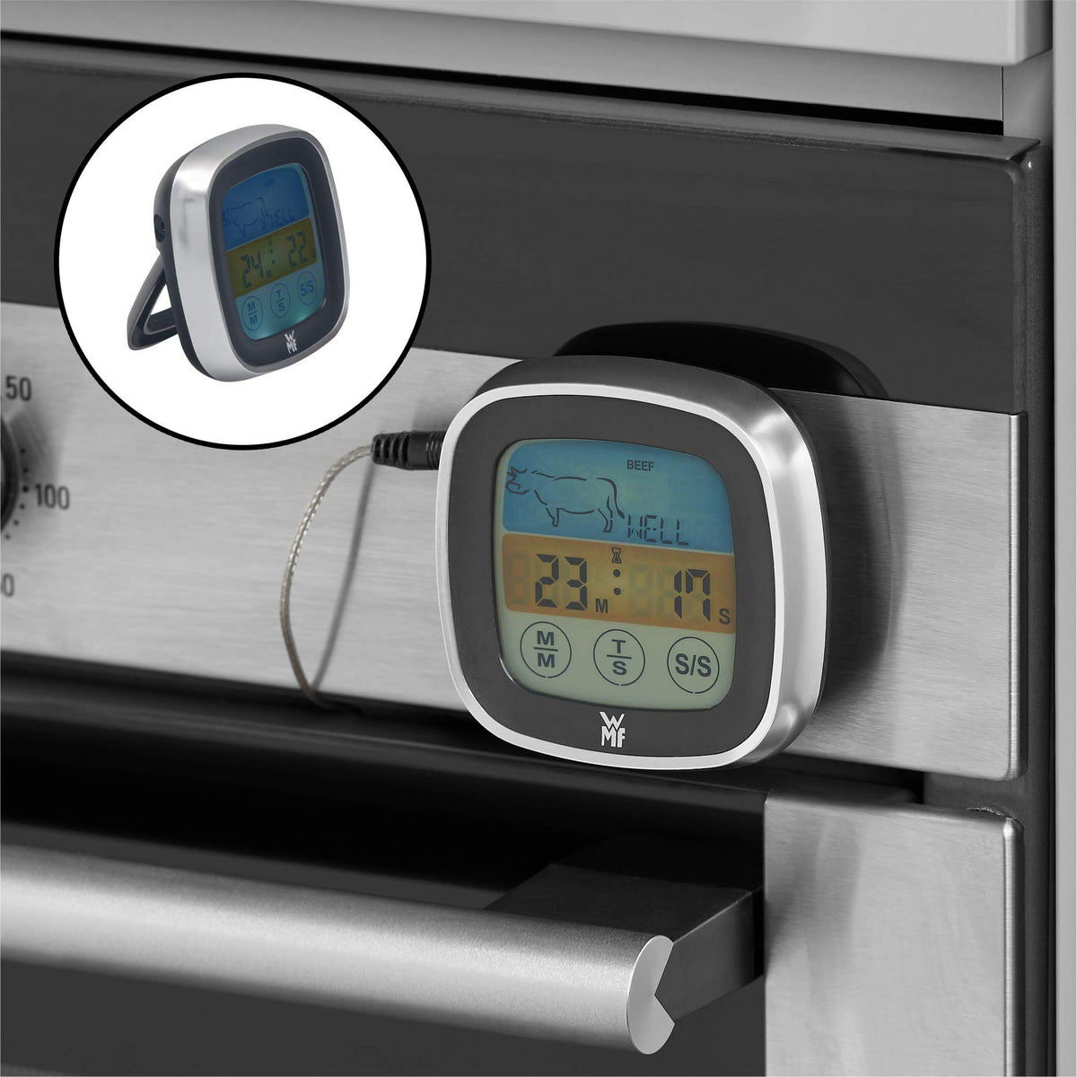 Resigilat|WMF BBQ termometru digital pentru carne, 5 niveluri de gatire, display LED tactil, timer si suport magnetic