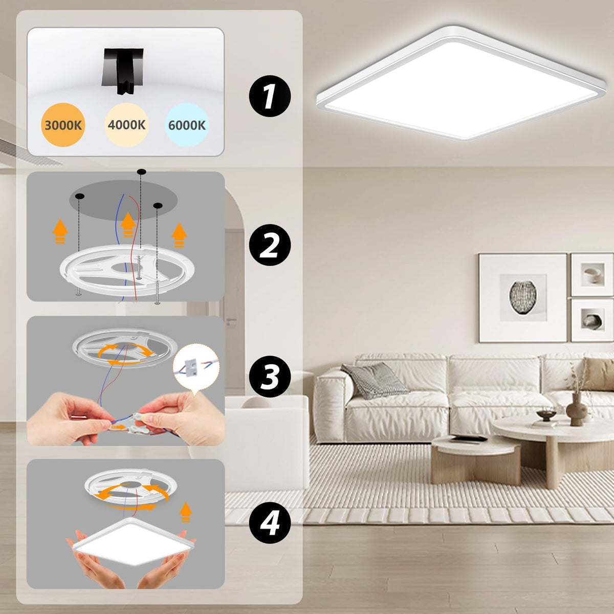Resigilat|Seruno X lampa LED de tavan 24W, 3200lm, 3000K/4000K/6000K, IP54, ultra-subtire, patrata, Ø29cm, pentru baie si interior