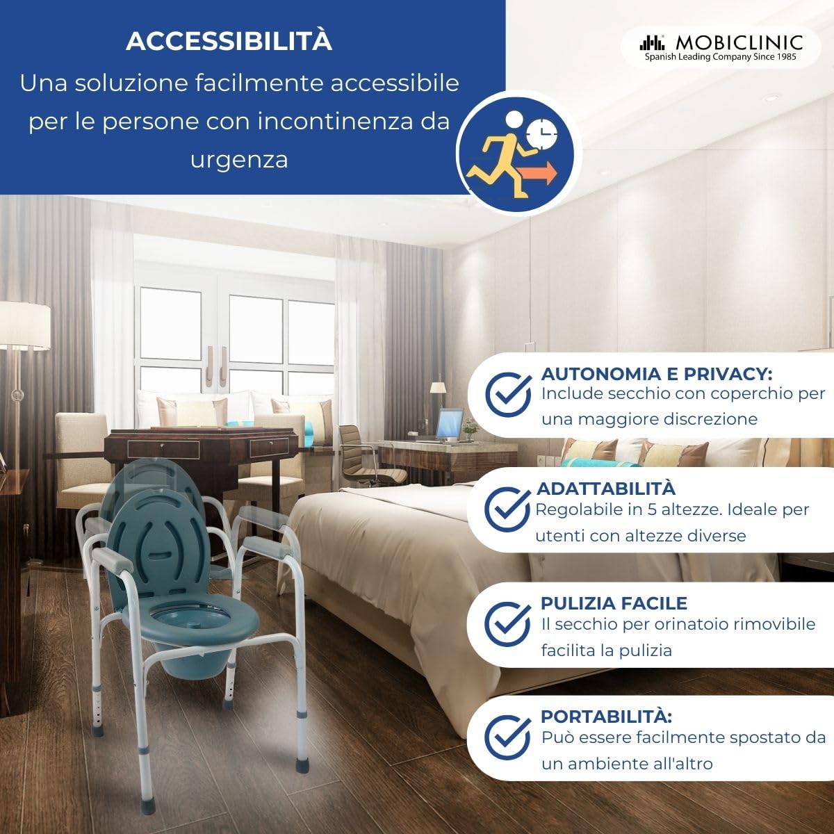 Mobiclinic®, Sedia con WC, Arroyo, Coperchio, Secchio Estraibile, Regolabile in 5 Altezze, Piedini Antiscivolo, Braccioli, Supporta Fino a 100 kg, Acciaio