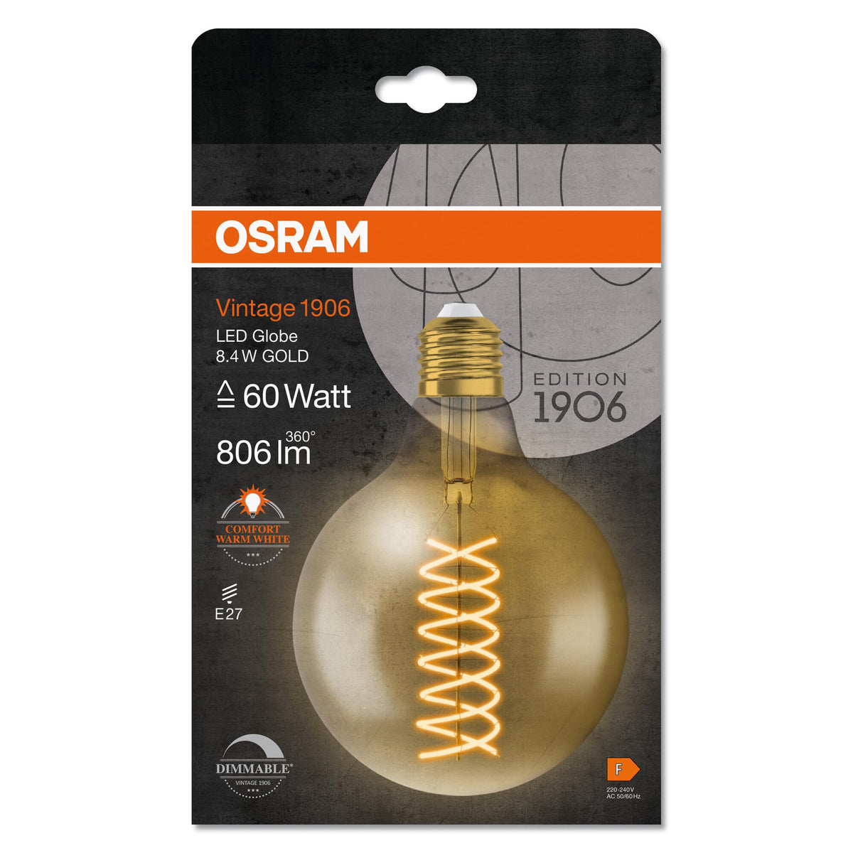 Osram Vintage 1906 Classic GLOBE125 FIL LED E27, dimmabil, auriu, 8,4W, 806lm, 2400K, lumina alb cald