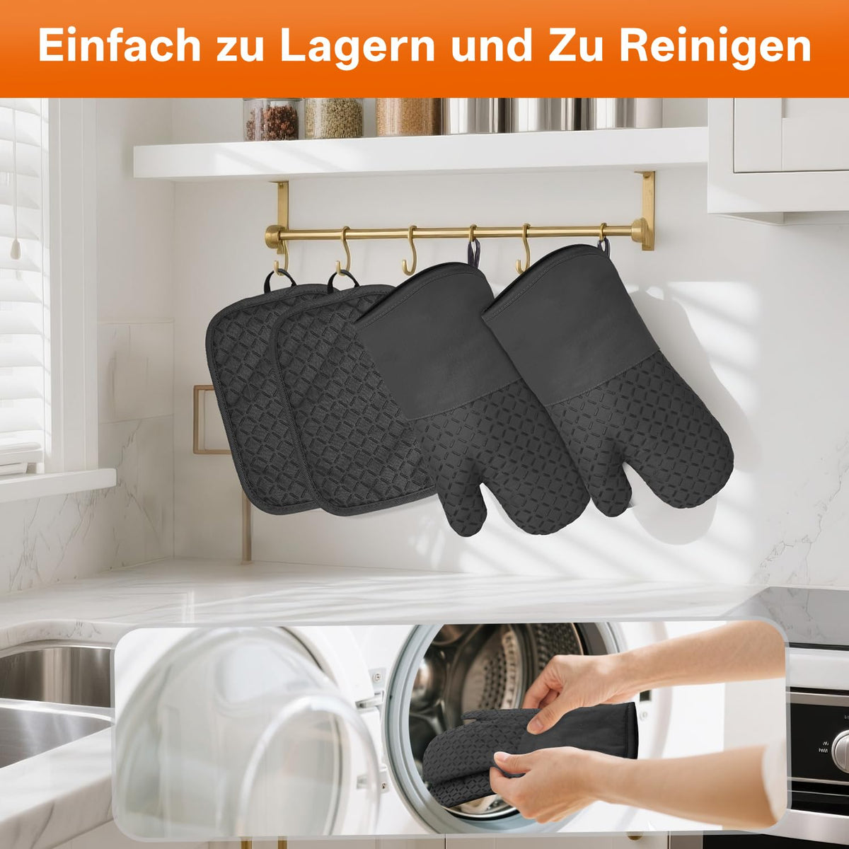 Resigilat|Set manusi de cuptor rezistente la caldura pana la 300°C, manusi pentru vase, negre