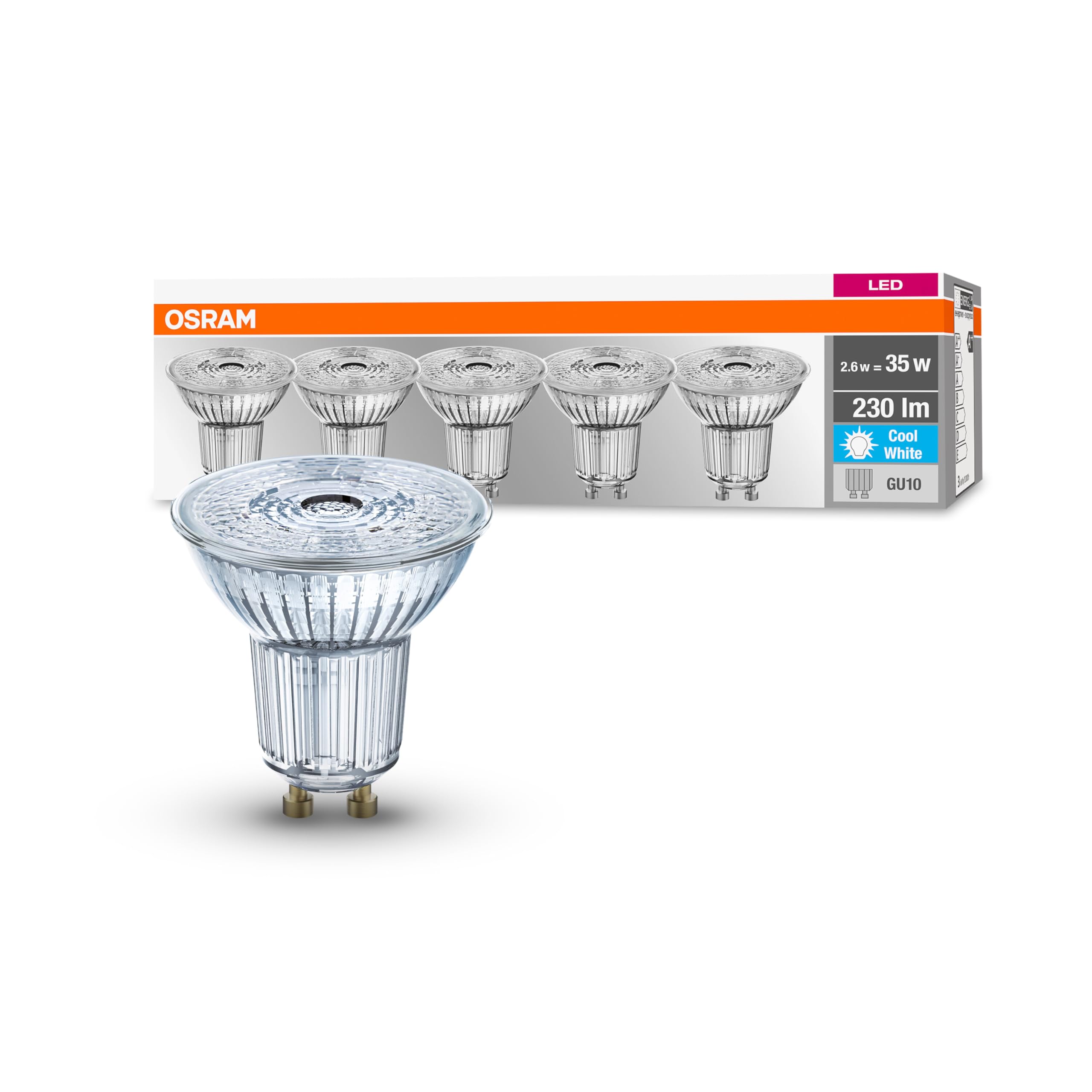 Resigilat|Osram LED Base PAR16, GU10, nedimabil, alb rece, inlocuieste bec conventional de 35W, unghi 36°, set 5 bucati
