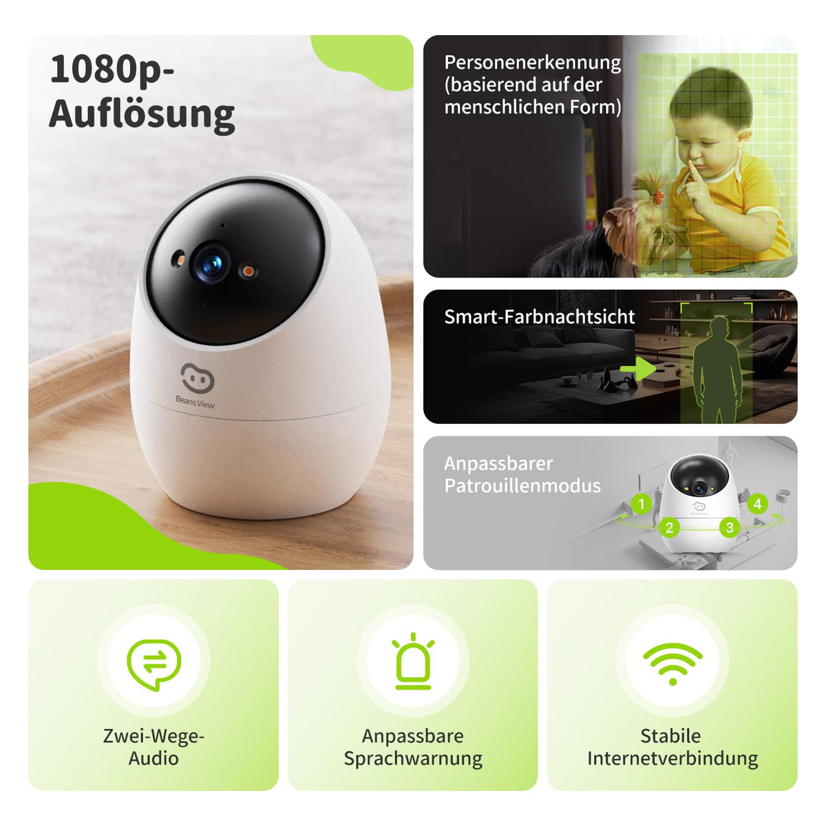 |Resigilat| Beans View D210 2MP cameră interior WiFi 2,4 GHz, vedere nocturnă color, detectare/urmărire mișcare, supraveghere animale, 1080P