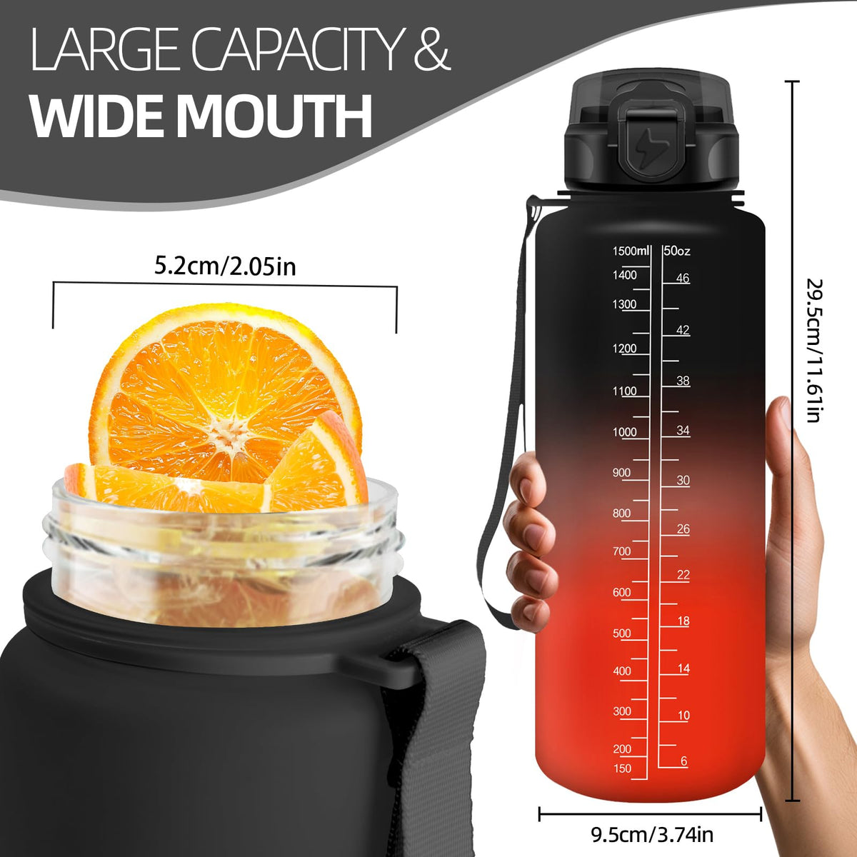 Resigilat|HoneyHolly sticla sport 1,5 L cu pai, etansa, marcaje de timp, potrivita pentru bauturi carbogazoase, outdoor si fitness