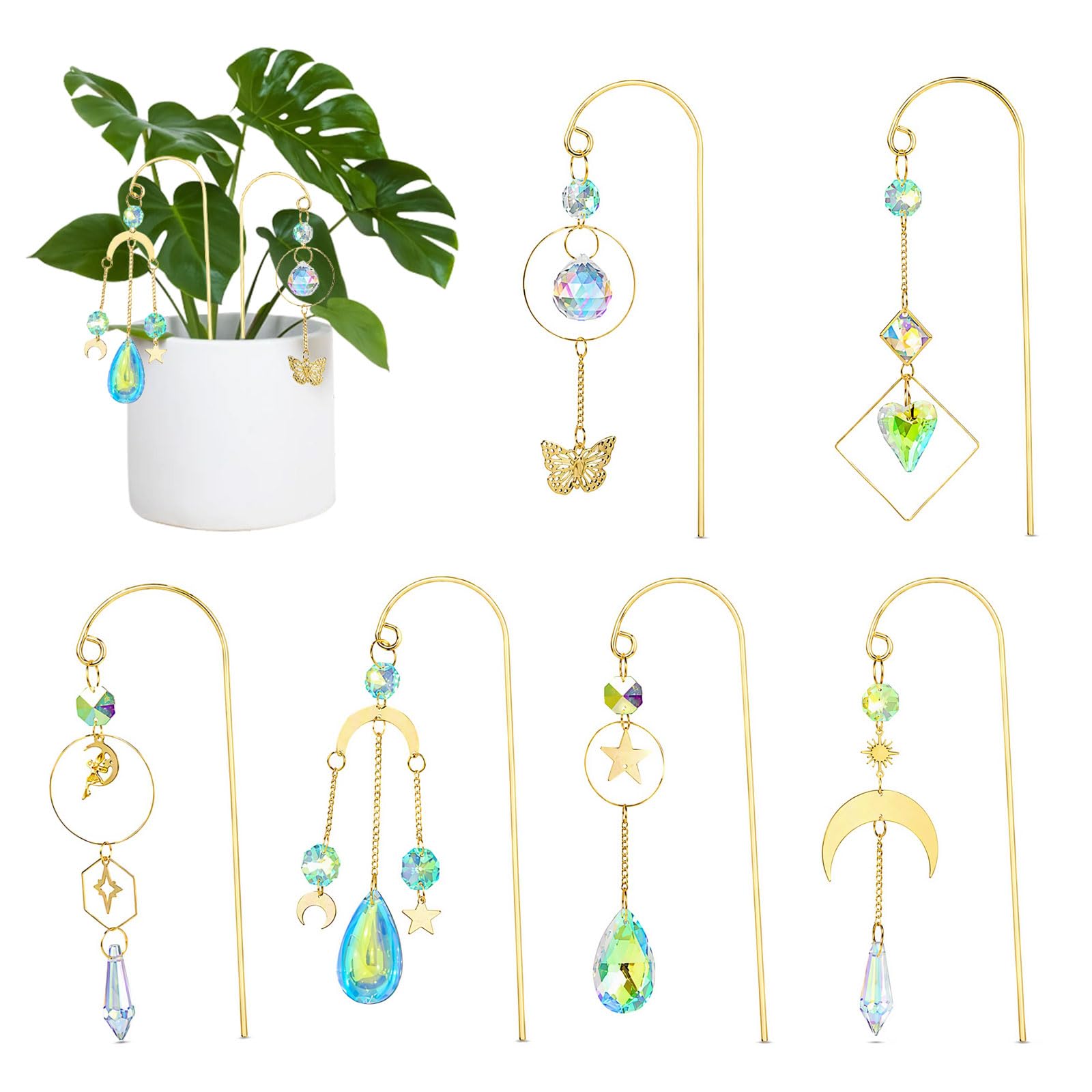 Resigilat|6 Decoratiuni Cristal pentru Ghivece, Suncatcher, Luna, Stea, Fluture si Inima, Prisme, Efecte de Lumina