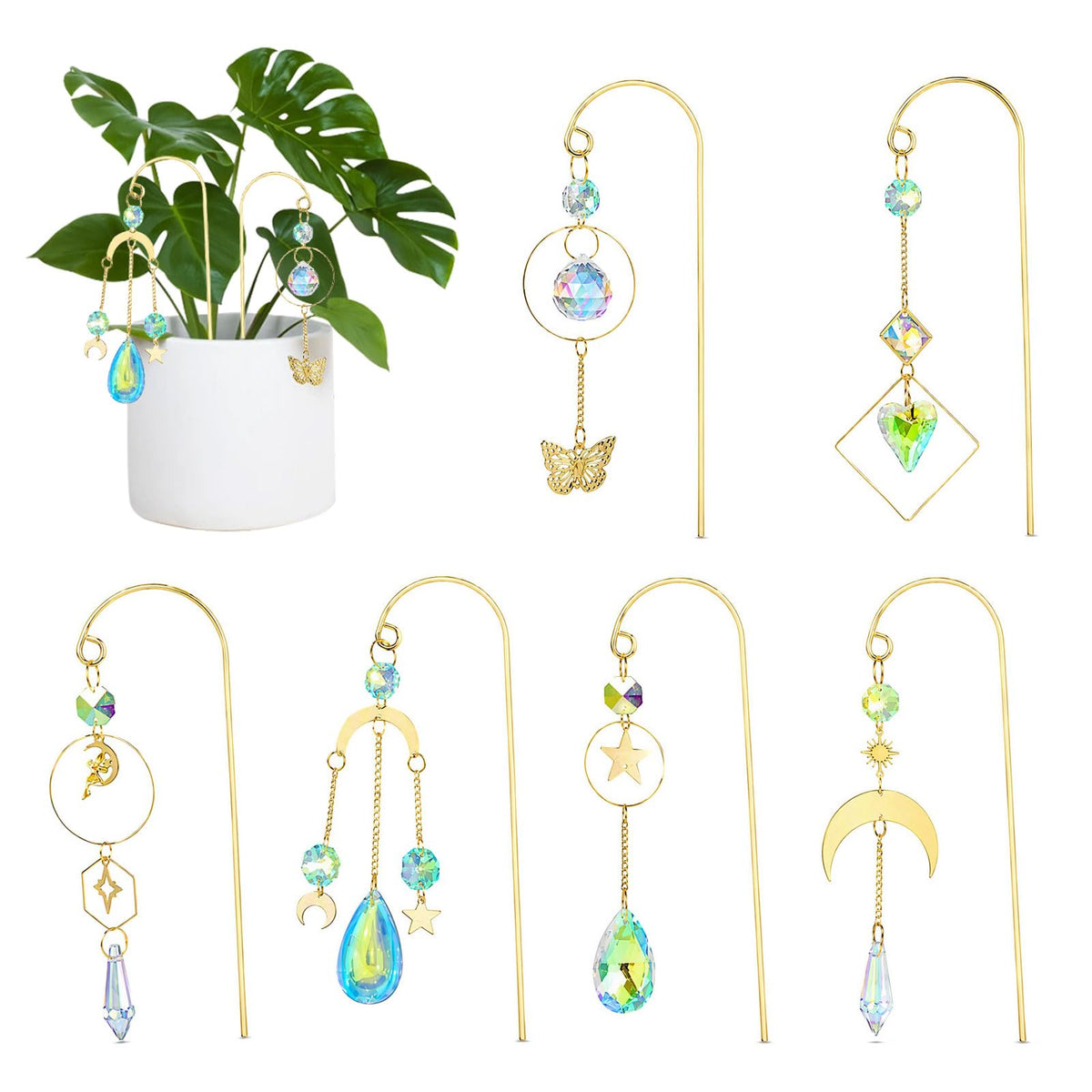 Resigilat|6 Decoratiuni Cristal pentru Ghivece, Suncatcher, Luna, Stea, Fluture si Inima, Prisme, Efecte de Lumina