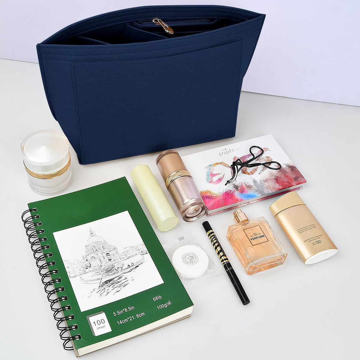 Resigilat|Ziyonix organizator pentru geanta Longchamp, insert din fetru cu fermoar si buzunare multiple, pentru chei si ruj, bleumarin, S