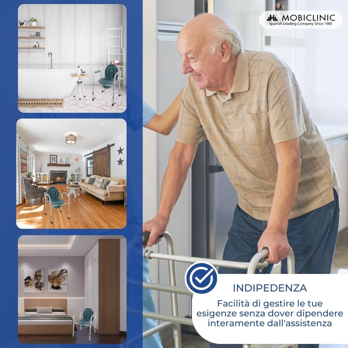 Mobiclinic®, Sedia con WC, Arroyo, Coperchio, Secchio Estraibile, Regolabile in 5 Altezze, Piedini Antiscivolo, Braccioli, Supporta Fino a 100 kg, Acciaio