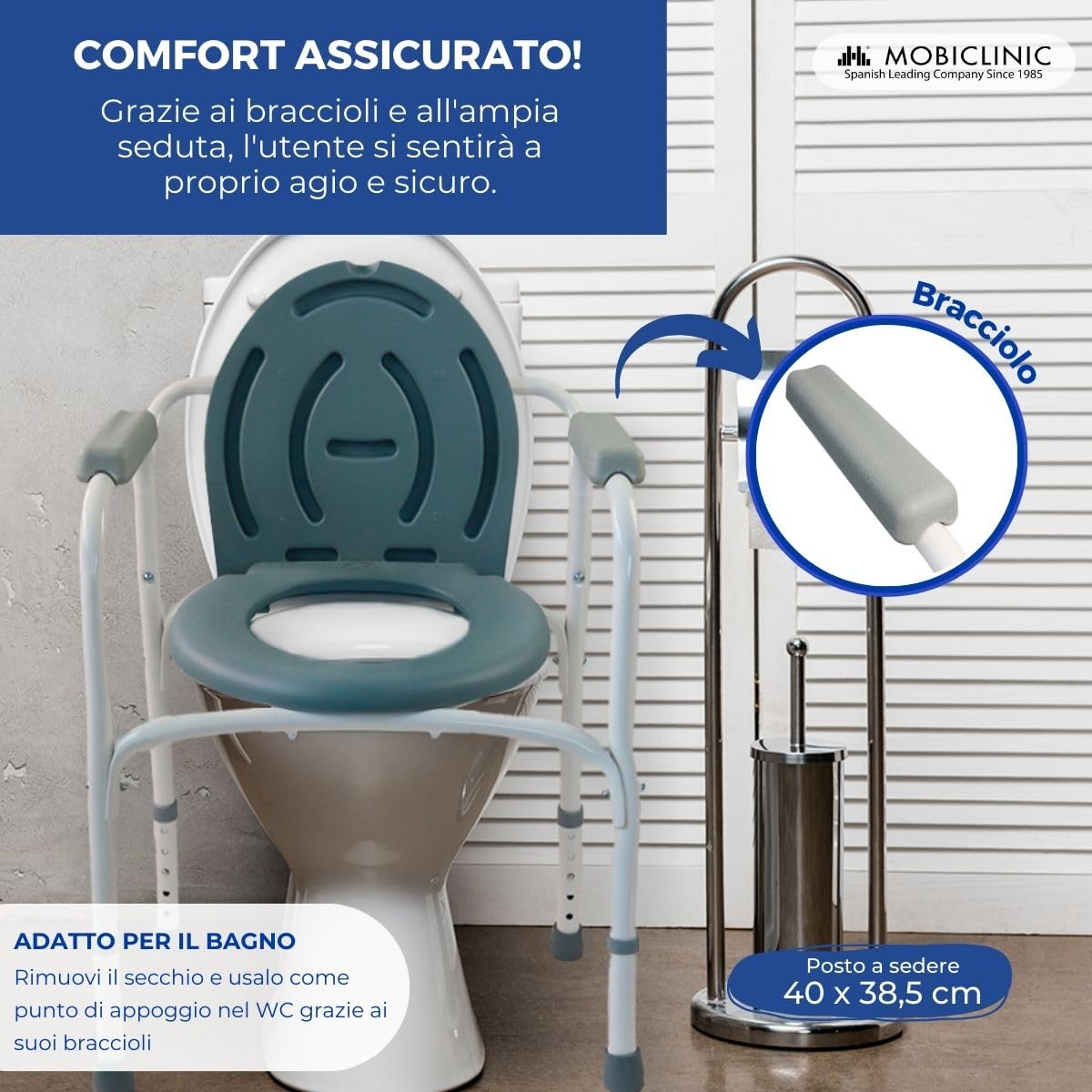 Mobiclinic®, Sedia con WC, Arroyo, Coperchio, Secchio Estraibile, Regolabile in 5 Altezze, Piedini Antiscivolo, Braccioli, Supporta Fino a 100 kg, Acciaio